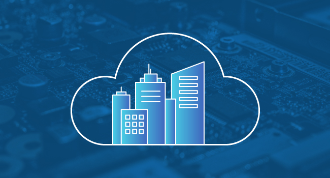 Graphic of a blue factory within a cloud with a blue background overlaying electronics.