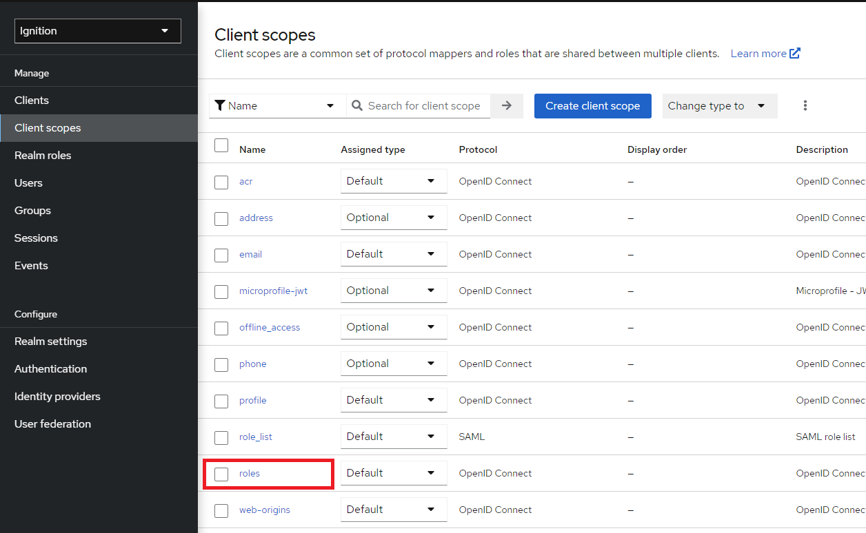 Client scopes > roles